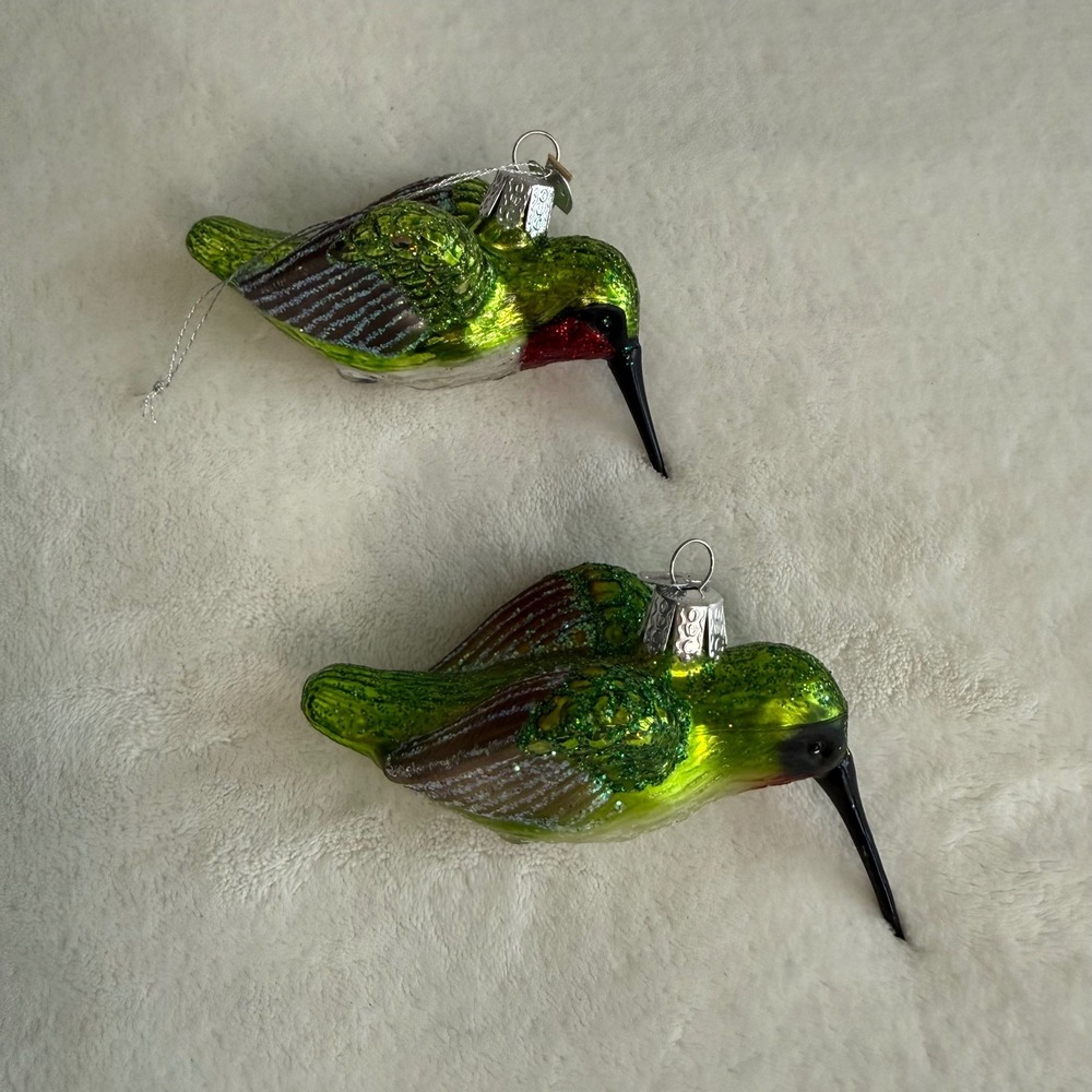 OLD WORLD‎ CHRISTMAS Set of 2 HUMMINGBIRD HAND BLOWN GLASS Ornaments Green